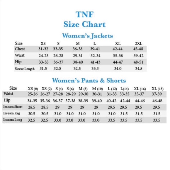 north face ski pants size chart
